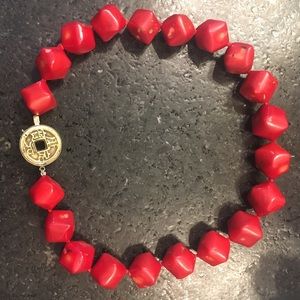 Natural red coral necklace. Coin clasp 925 SS